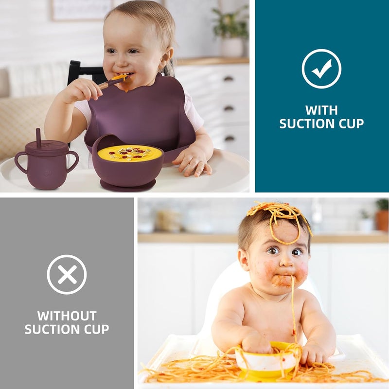 Dormlony 100% Silicone Baby Feeding Set, BPA Free Dishes With Suction Bowl, Divided Plate, Toddler Self Feeding Utensils, Spoons, Forks, Sippy Cup and Bib (Dark Red) - Image 4